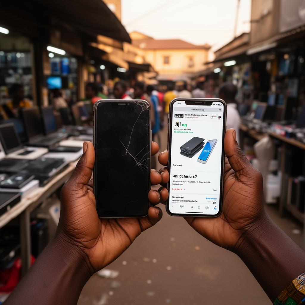 Hands checking a smartphone in a sunlit Lagos market