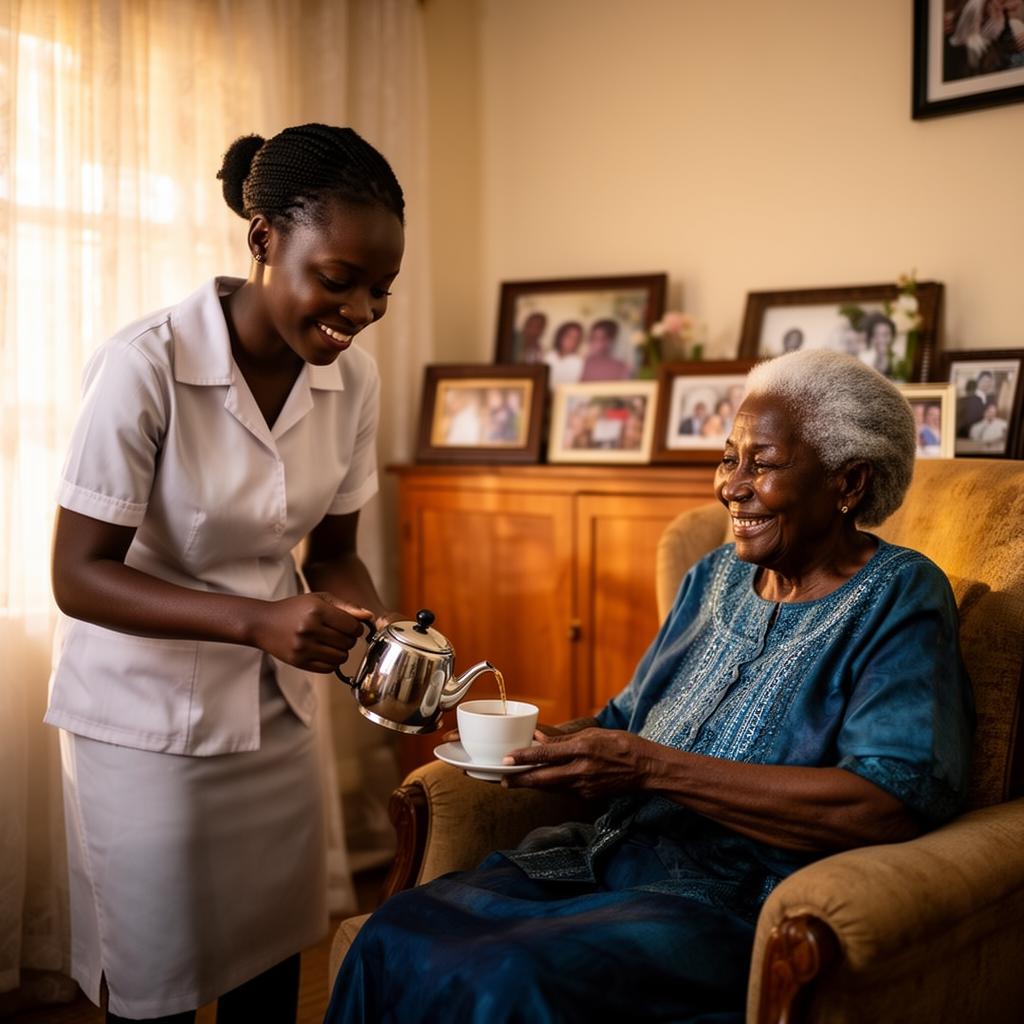 A young woman holding the hand of an elderly Nigerian woman on a porch
